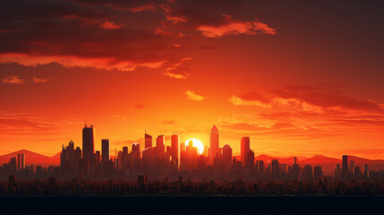 Fototapeta na wymiar An urban skyline silhouetted against a sunset of vivid oranges and reds
