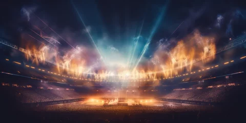 Foto auf Acrylglas Vivid stadium arena lights shining brightly, illuminating the night with a mix of stadium lights and smoke, creating a captivating atmosphere. © Nattadesh