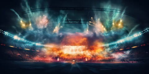 Vivid stadium arena lights shining brightly, illuminating the night with a mix of stadium lights and smoke, creating a captivating atmosphere.