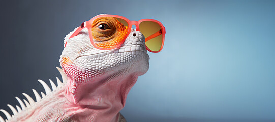 Pink iguana wearing retro sunglasses on dark blue background. Concept of animal posing, reptile, lizard.