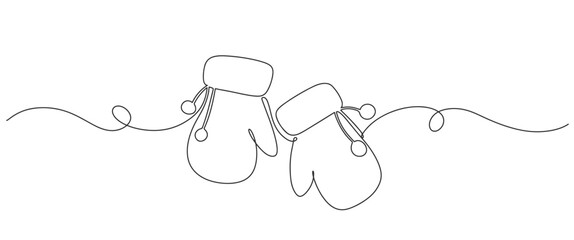 Black line Pair of knitted christmas mittens line art vector illustration. Mitten icon. Merry Christmas and Happy New year