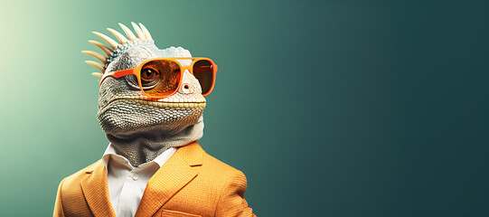 Smart iguana wears retro sunglasses and wears an orange business suit on a dark green background. Concept of animal posing, reptile, lizard.