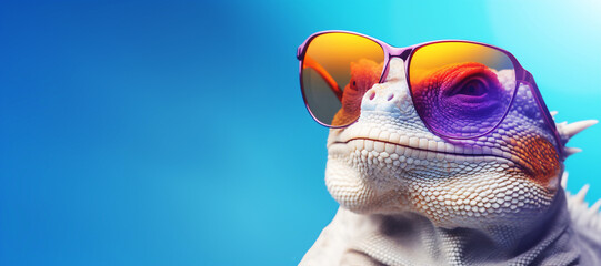 Iguana wearing retro sunglasses on blue background. Concept of animal posing, reptile, lizard