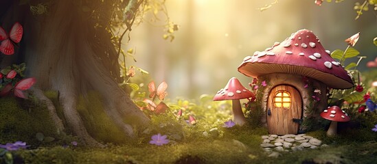 Enchanted fairy tale garden with magical house butterflies and blooming roses in the morning sun - obrazy, fototapety, plakaty