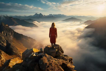 Foto op Canvas view above the clouds of a woman standing on a mountain top, travel, landscape © SOFI
