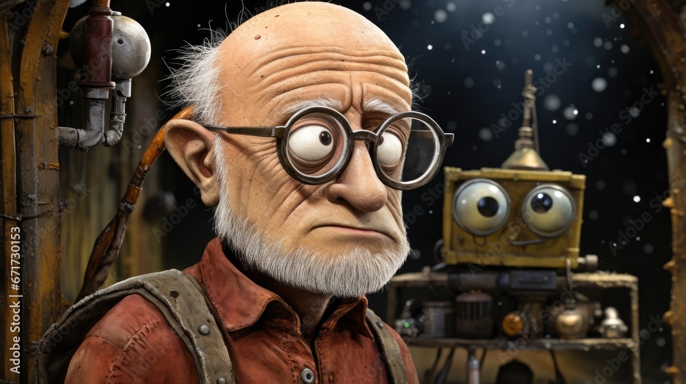 Canvas Prints  an old man with glasses looking at a robot in a room with snow falling on the ground and a robot in the background.  generative ai