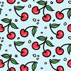 Cherry and strawberry fruit seamless pattern. Summer berries, fruits with leaves, vector background. Hand drawn doodle illustration for cover, fabric, wallpaper texture, backdrop, wedding invitation.
