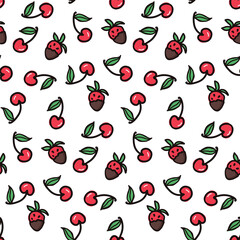 Cherry and strawberry fruit seamless pattern. Summer berries, fruits with leaves, vector background. Hand drawn doodle illustration for cover, fabric, wallpaper texture, backdrop, wedding invitation.