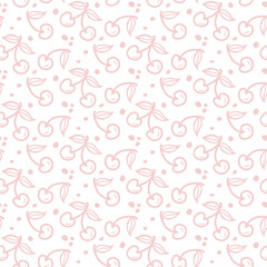 Cherry and strawberry fruit seamless pattern. Summer berries, fruits with leaves, vector background. Hand drawn doodle illustration for cover, fabric, wallpaper texture, backdrop, wedding invitation.
