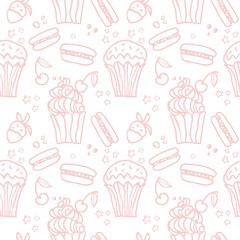 Sweet cake pastel seamless pattern with desserts. Macaroon, muffin, pudding, cake with cherry and strawberry fruit. Hand drawn vector background for textile, fabric, scrapbook or wallpaper