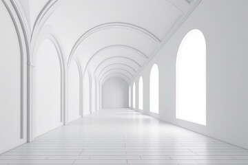 White gallery interior with a mock-up on wall and arches. 3D rendering. Generative AI