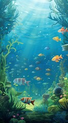 Fototapeta na wymiar the underwater view with fish and plants in the water of an ocean