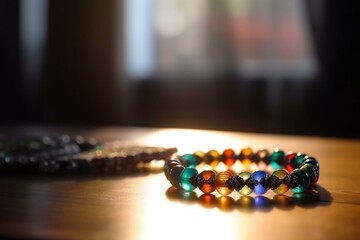 a bracelet with beads on table, blurry window background, floor light. Generative AI