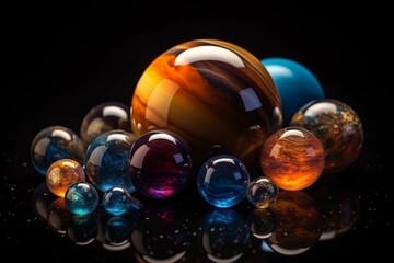 Colorful abstract composition resembling planets in solar system. Beautiful glass balls on a dark background. Generative AI