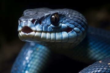 Close-up of an aggressive blue viper snake with an angry expression, symbolizing wildlife and nature. Generative AI