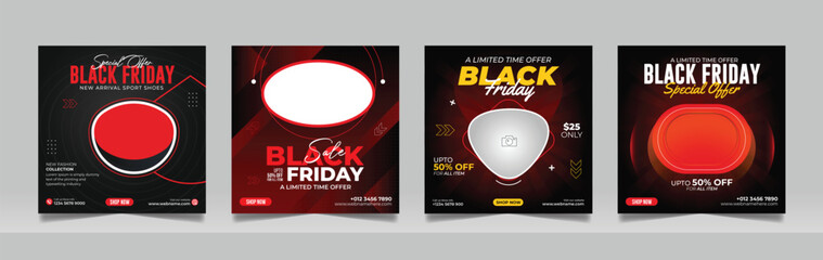 Naklejka premium Black Friday New Collection Mega Sale Social Media Post Discount Banner Square Flyer Template Set