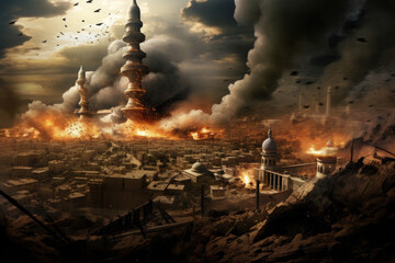 Bombing city in desert. Battlefield with bomb explosions. Military conflict - obrazy, fototapety, plakaty