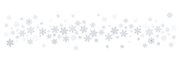 Christmas snowflakes background. Winter silver snow border decoration, greeting card. Noel subtle frame backdrop. Vector illustration