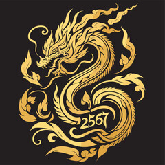 Thai naga, Chinese dragon symbol illustration Combining the numbers 2567 for the New Year festival 2567 - Vector