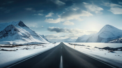 Winter highway leading to snowy mountains. Road trip in winter season. Beautiful landscape with mountain ranges
