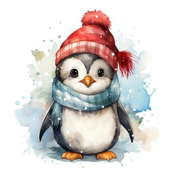 recommend clip art: Cute baby penguin character wearing Santa hat and scarf