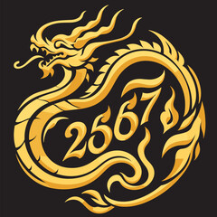 Thai naga, Chinese dragon symbol banner Combining the numbers 2567 for the New Year festival 2567 - Vector