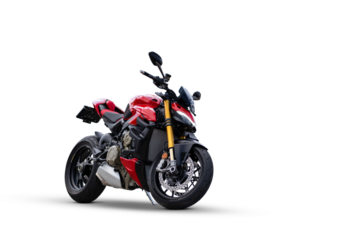 Red sport motorcycle (naked streetfighter) three-quarter front view, isolated on white background