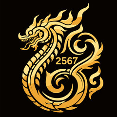 Thai naga, Chinese dragon symbol banner Combining the numbers 2567 for the New Year festival 2567 - Vector