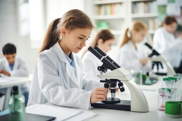 Schoolgirl using working with microscope at biology chemistry lesson class at school lab