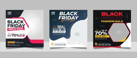 Black Friday Sale Offer Design Banner Template pack for Social Media Post Fashion Square Flyer Template Set - obrazy, fototapety, plakaty