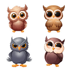 Vector set of very cute owls. Cartoon illustrations in different poses and different emotions