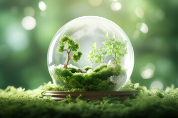 Crystal globe putting on moss. Environment social and governance