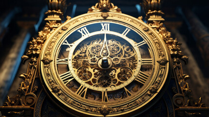 An ornate clock with a golden face and intricate hands 