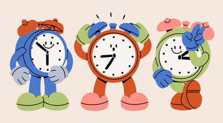 Set of three Alarm clocks. Cute funny mascot with face. Hand drawn trendy Vector illustration. Cartoon style wake up clock character. Isolated design elements. Poster, print, logo, icon templates - 671733121