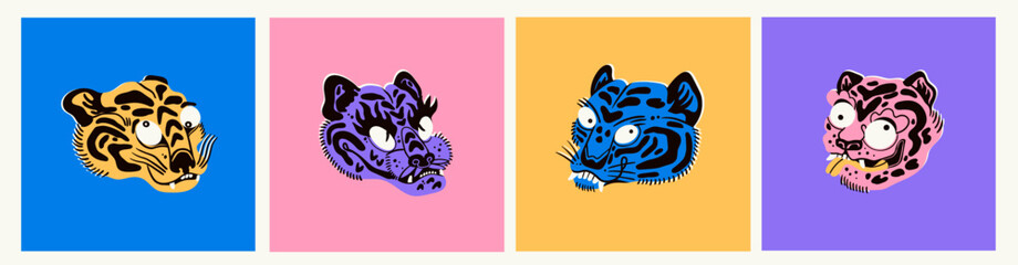 Various abstract Tigers or leopards. Unique, cartoon, quirky style. Hand drawn trendy Vector illustration. Funny characters. Isolated design elements. Poster, print, sticker, tattoo, card templates