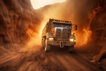 Large truck transporting rocks in dusty mine, industrial machinery in action. Generative AI