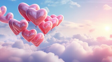 Beautiful colorful valentine day heart in the clouds as abstract background. Heart shaped balloons floating in the sky. Valentine's day concept. - obrazy, fototapety, plakaty