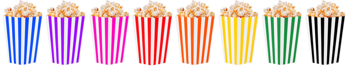 Set of popcorn in multi-colored boxes on isolate and white background close-up