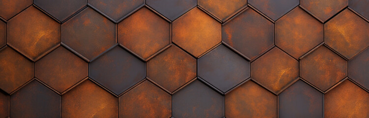 Abstract seamless orange brown rusty geometric rhombus diamond hexagon damask ornate tiles rust wall texture background banner wide panorama panoramic
