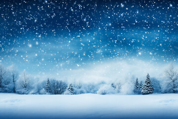  An image of a panoramic snowy landscape with trees and a starry night sky. The image can be used as a background for winter-related websites or as a banner for a holiday event.