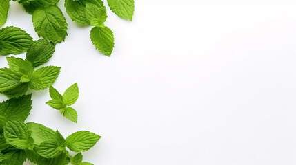 Isolated peppermint leaves, in various shades of green, top view against a white backdrop with empty space.