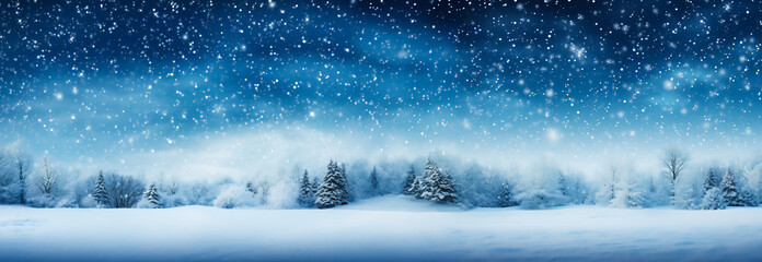  An image of a panoramic snowy landscape with trees and a starry night sky. The image can be used as a background for winter-related websites or as a banner for a holiday event. - obrazy, fototapety, plakaty