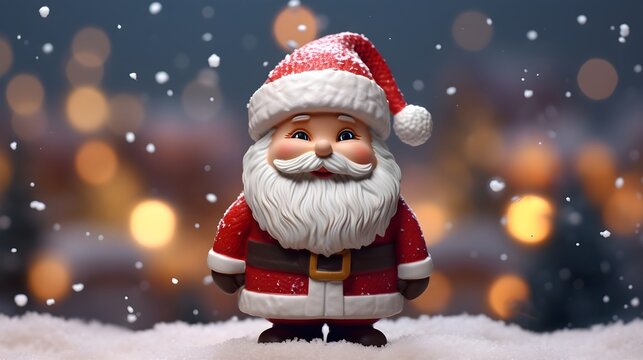 Cute Santa Claus in Christmas Attire with a Snowy Blur Background