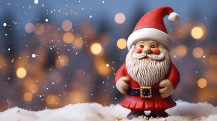 Cute Santa Claus in Christmas Attire with a Snowy Blur Background