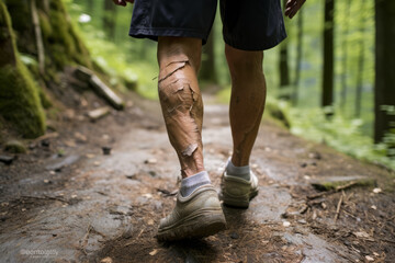 Wrinkled knees of elderly man with forest path backdrop - obrazy, fototapety, plakaty