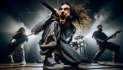 Portrait of metal band tattooed singer with long hair singing on stage, music background, hard core heavy metal