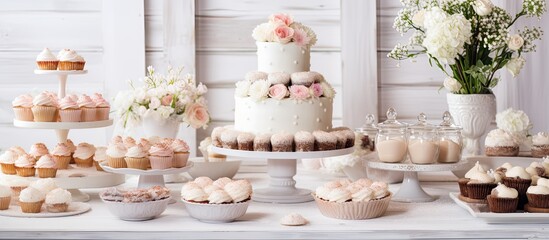 Delectable candy bar at wedding reception with tiramisu cupcakes and floral macaroons - obrazy, fototapety, plakaty