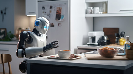 Robot cooks the food in a modern kitchen. technologies in modern life concept