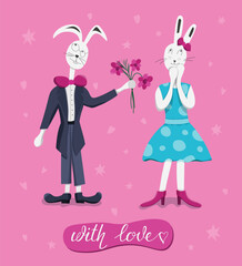 Color vector illustration with banner “with love“ and two rabbit characters, on pink background adorned with hearts and stars.Cartoon style. Idea for Valentine's Day card, greeting cards