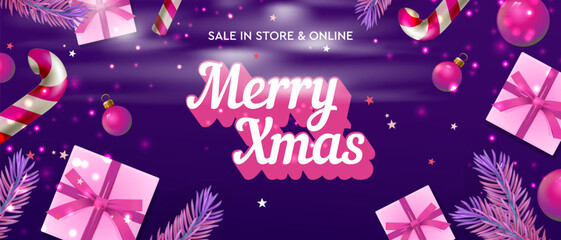 Merry Xmas sale web banner, fashion pink and purple background. Christmas gift box, pine tree, candy cane. Horizontal banner, cover